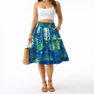 Chaudry‎ KC Bohemian Tiered Smocked Waist Midi Skirt Blue Green Tie Dye Size M